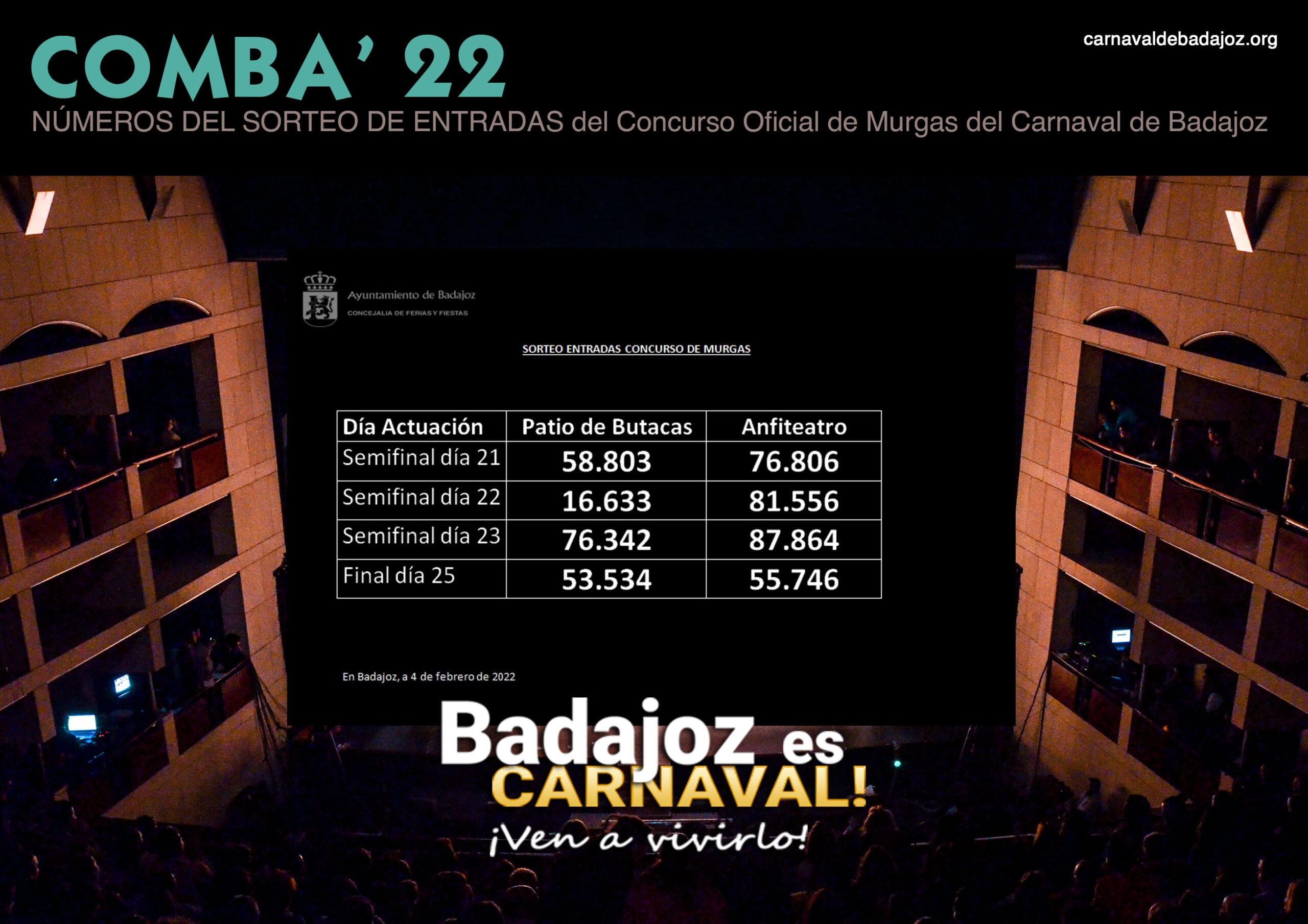 Sorteo de entradas para el concurso de murgas del Carnaval de Badajoz 2022