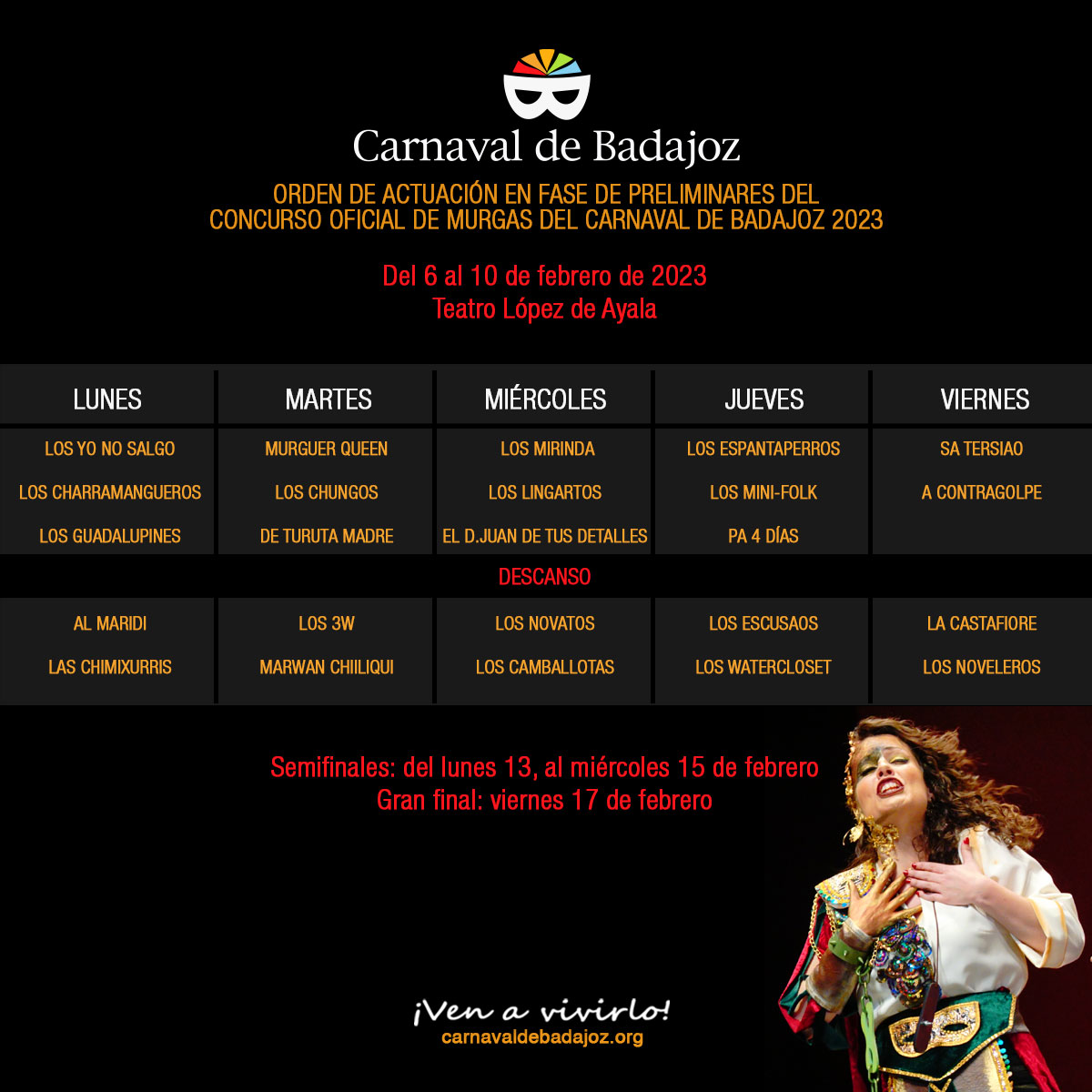 Orden del Concurso Oficial de Murgas del Carnaval de Badajoz 2023